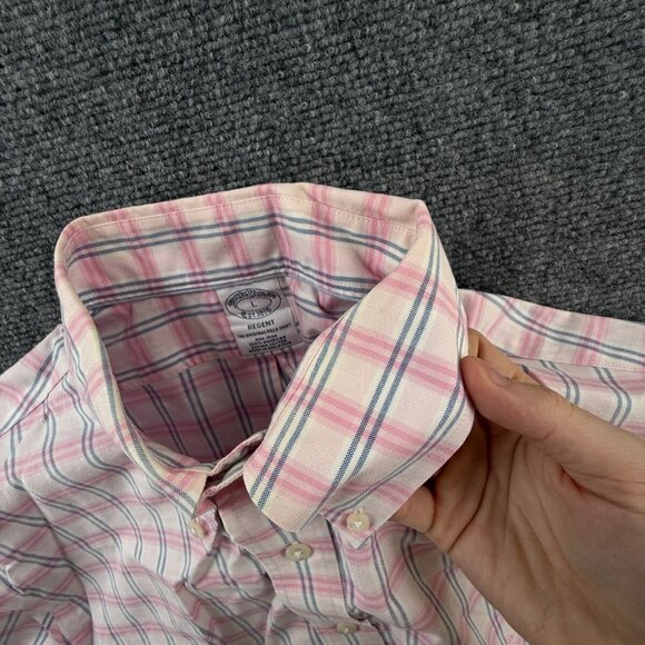 Brooks Brothers Non Iron Button Up Shirt Men Pink Blue Plaid Large Supima ** - Picture 13 of 14